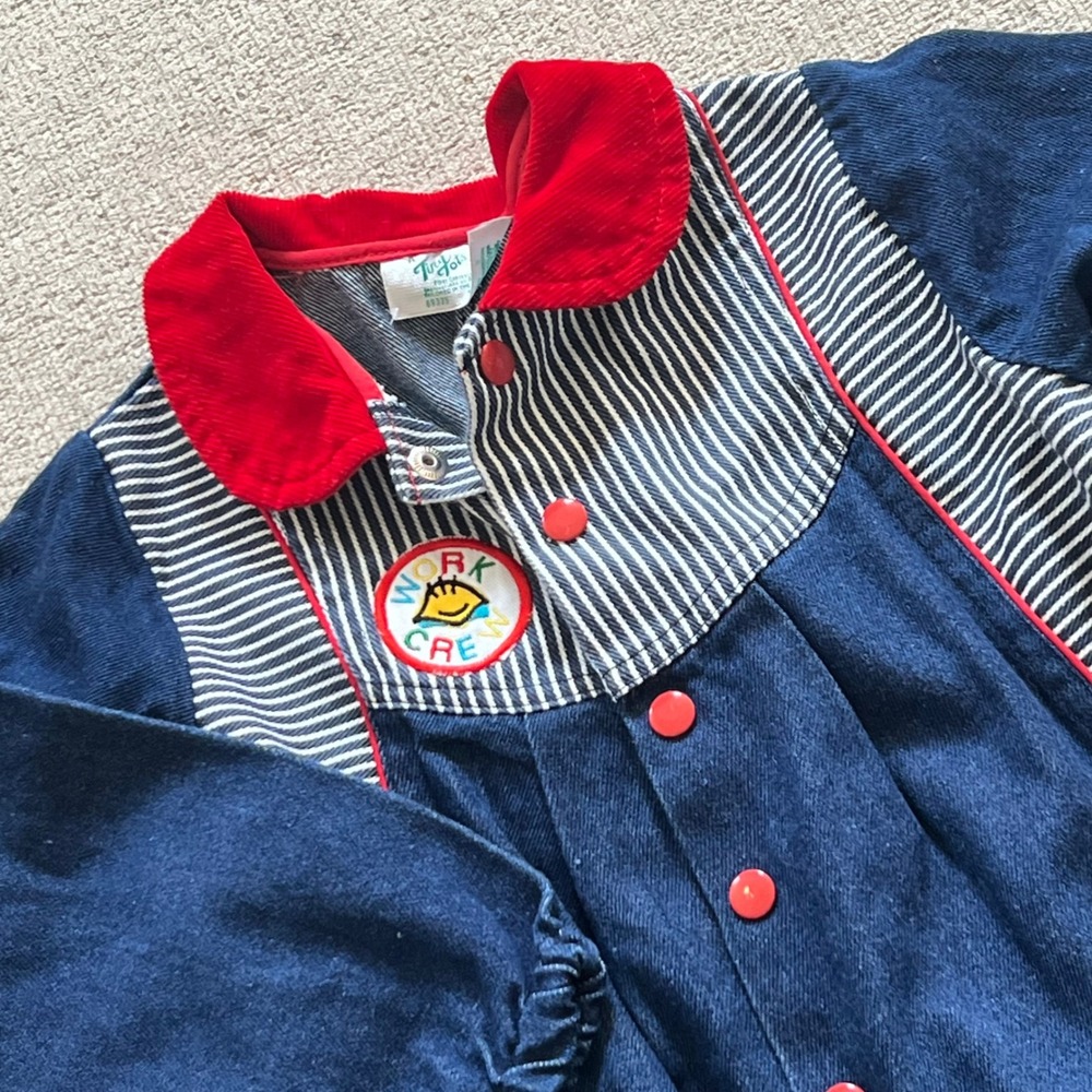Vintage Tiny Tots Original Denim Work Crew Jumpsuit Red Corduroy Collar Size 3